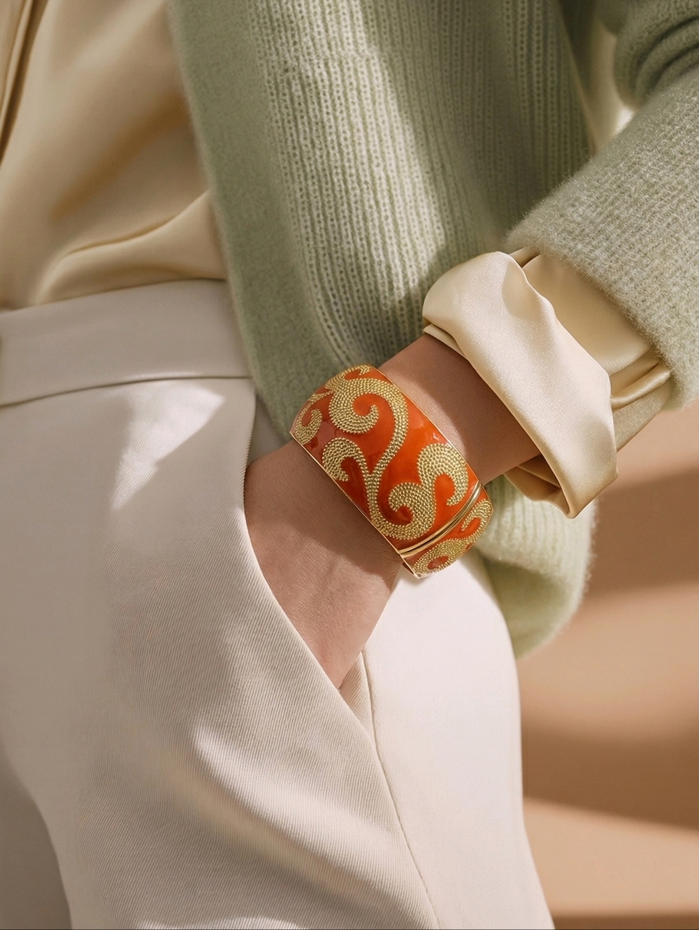 Hinged Bangle Bracelet Vintage Style Coral Enamel Gold Tone Textured Pattern